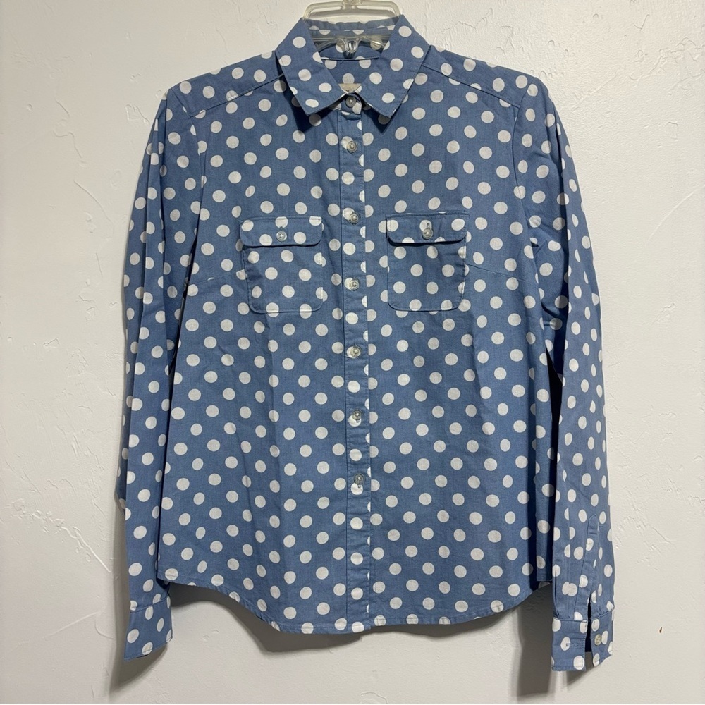 Ann Taylor Loft Women's XS Button Front Top Polka Dot Denim Blue White